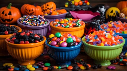 Fototapeta premium A variety of Halloween candies arranged in colorful bowls with spooky decorations enhancing the playful display