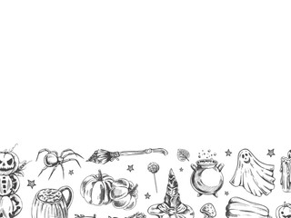 Set of halloween elements in sketch style. Design of  ghosts, creepy and spooky elements for halloween decorations, sketch, icon. Hand drawn vector template
