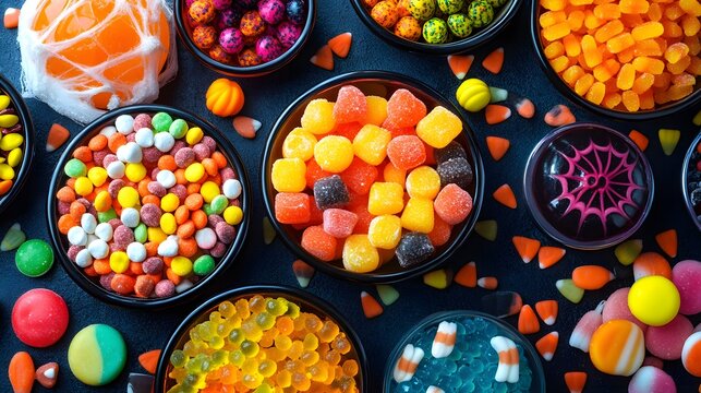 A colorful selection of Halloween candies in playful arrangements with spooky decorations enhancing the festive atmosphere