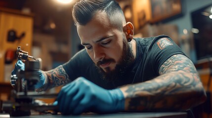 Professional Tattoo Artist Creating Artwork with Machine in Modern Salon