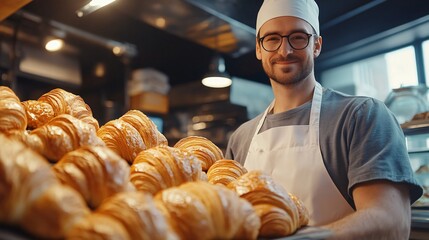 Professional Baker with Freshly Baked Croissants