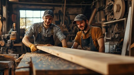 Skilled Carpenters Working with Wooden Plank in Workshop