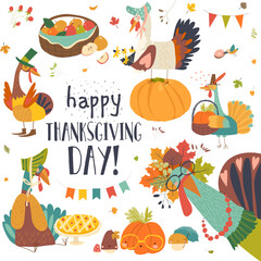 Funny turkeys with Thanksgiving theme on white background