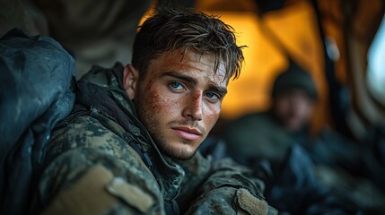 Obraz premium Worn soldier with intense gaze in a field camp