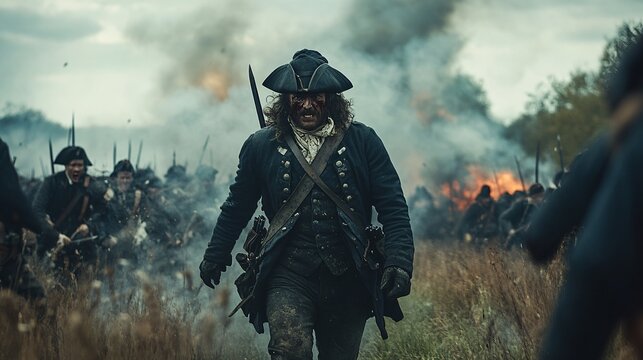 a revolutionary war soldier charges forward with his bayonet