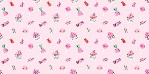 Sweets and candy seamless pattern. Chocolate, different lollipop, marmalade. Confectionery textile, wrapping paper, wallpaper design. Print christmas and birthday kids present cartoon flat background