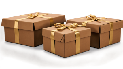 golden gift box png, Gift boxes, parcels, and cardboard containers isolated on a clean PNG background, featuring various packaging options for presents, ideal for holiday promotions, gift-related desi