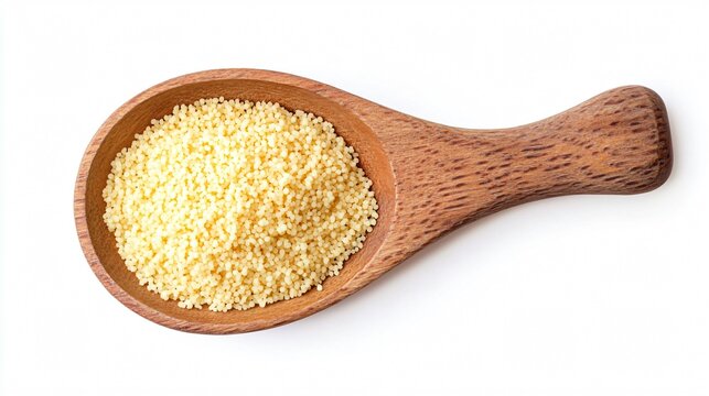 Scoop with Raw Couscous Isolated on White Top View