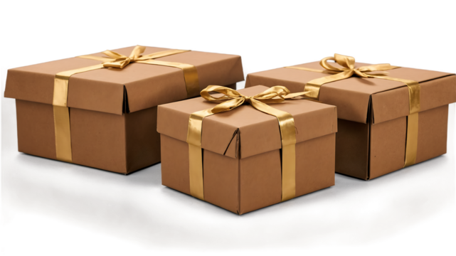 golden gift box png, Gift boxes, parcels, and cardboard containers isolated on a clean PNG background, featuring various packaging options for presents, ideal for holiday promotions, gift-related desi