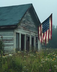 Abandoned House With Worn American Flag in Foggy Field.
