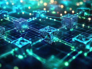Abstract 3D Render of a Network of Glowing Cubes, Digital Network Technology Concept.