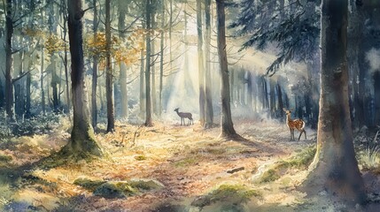 Obraz premium Watercolor Painting of Two Deer in a Sunlit Forest.