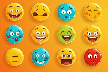 Obraz premium Vibrant and funny emoticons showcasing diverse facial expressions, perfect for social media reactions, designed in vector illustration.