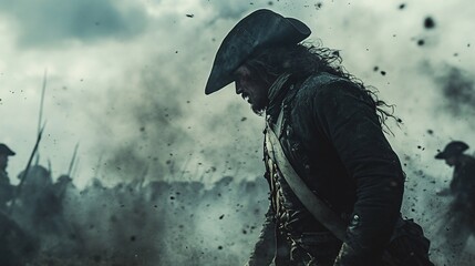 a revolutionary war soldier charges forward with his bayonet