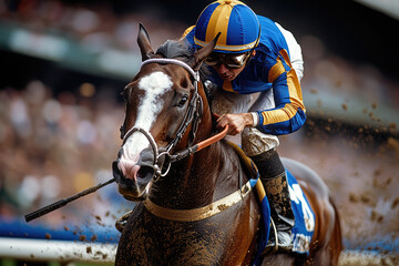 Obraz premium Determined jockey in races towards the finish line in a thrilling horse race, showcasing power, strength, and skill. The crowd adds excitement to the high-speed equestrian event. Melbourne Cup