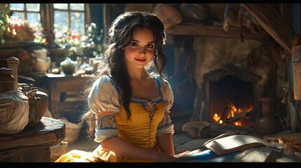 snow white is shown inside the charming cottage of dwarfs
