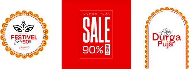 Durga Puja Border, Arch, Frame, Background Advertisement Design for Durga Puja Offer, Sale, Discount, Tags Design