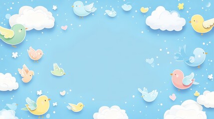 Cute Birds and Clouds Paper Cutout Illustration on a Blue Background.