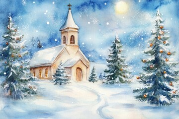 A quaint church stands amidst snow-laden trees, with a bright sun shining above, creating a serene Christmas atmosphere filled with joy and peace