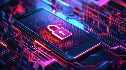 A smartphone screen showcases a digital padlock surrounded by vibrant circuitry and data streams, representing advanced security for mobile devices