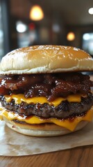 A mouthwatering close-up of a gourmet cheeseburger with pickles, fresh lettuce, tomatoes, and sesame seed buns, ideal for foodies.