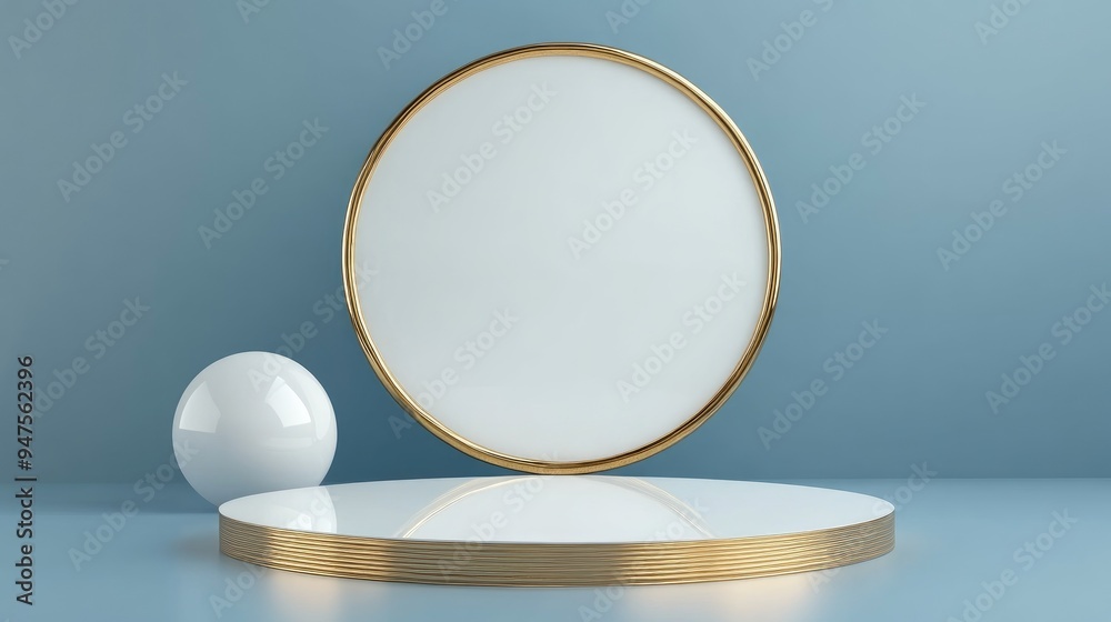 Poster empty white cylinder podium with a gold border and a spherical object set against a blue backdrop ab