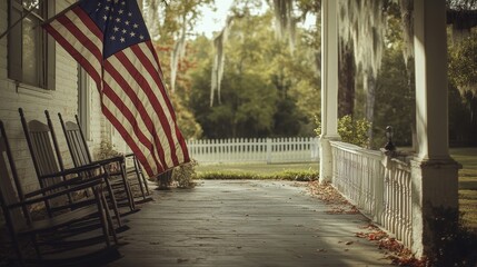 American Flag on a Southern Porch with Rocking Chairs