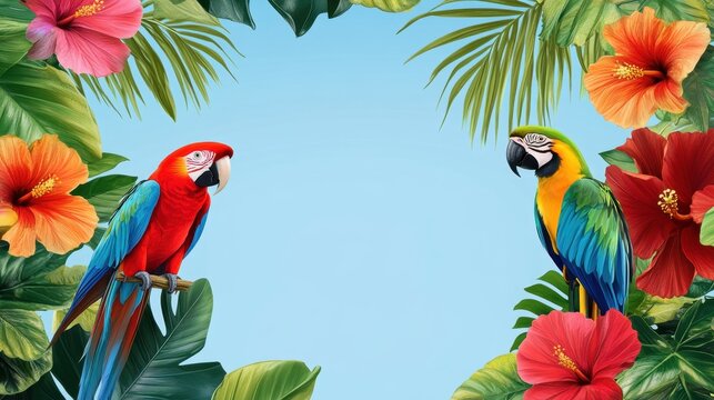 Tropical Paradise Border with Two Colorful Parrots and Hibiscus Flowers.