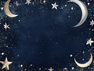Naklejka premium Gold and Silver Glitter Stars and Moon on a Dark Blue Background for Holiday Card or Invitation