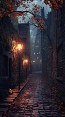 Obraz premium Cobblestone Alleyway in a Medieval Town at Dusk with Autumn Leaves and Streetlights