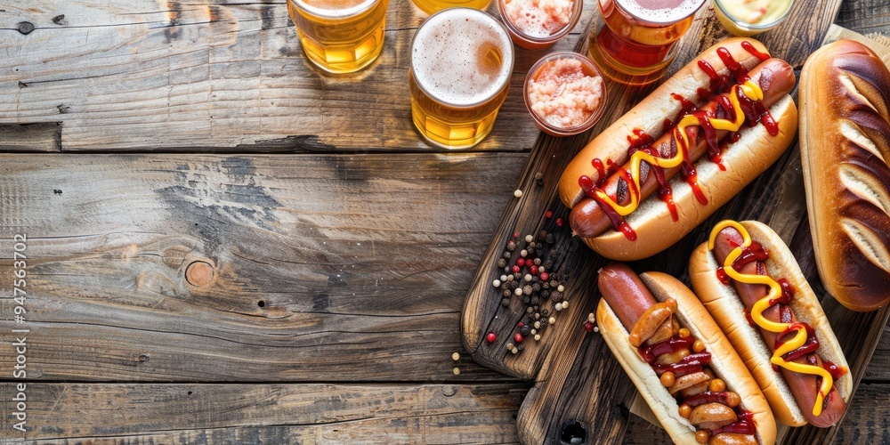 Poster Variety of hot dogs and brewed beverages with artisanal sausages displayed on a wooden platter