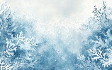 Abstract Watercolor Winter Background with White Branches and Blue Texture