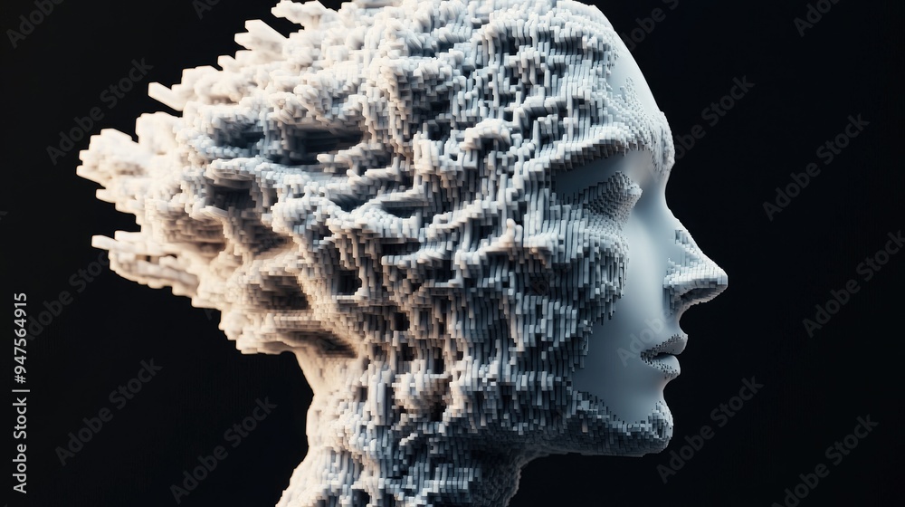 Poster voxel head profile illustration representing complexity and development in a 3d render design