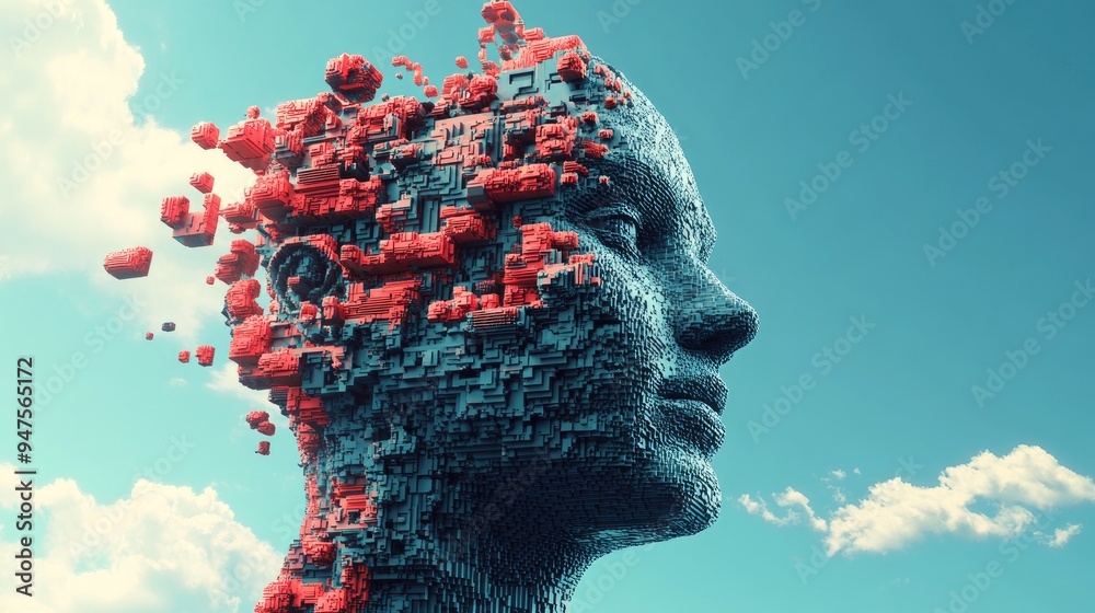 Poster voxel head profile illustration representing complexity and development in a 3d render design