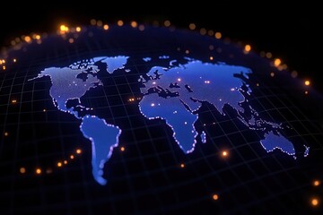 Obraz premium A stunning digital representation of a world map illuminated in blue, highlighting global connectivity and modern technology.