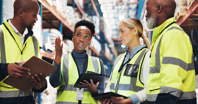 Warehouse, supply chain and people with tablet in meeting for inspection checklist, plan and update. Dropshipping, storage and worker with tech by shelf for inventory, export or operations management