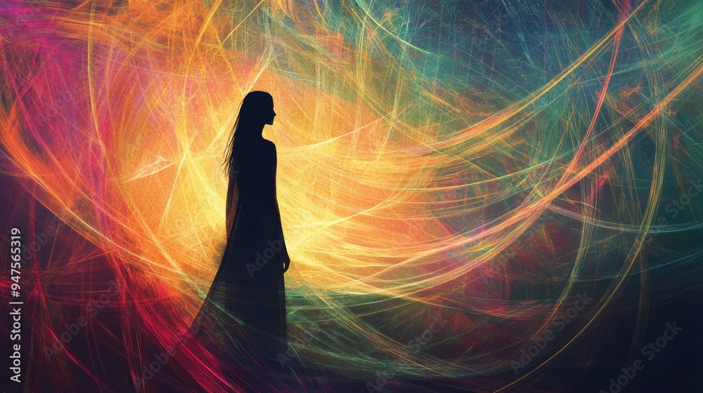 Poster illustration of intersecting colorful lines with a partially blurred figure fractal visualization of
