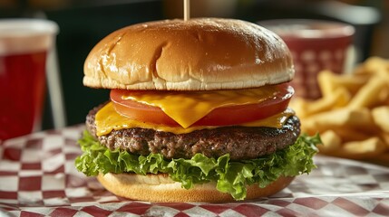 Juicy, classic cheeseburger with lettuce and tomato on a checkered diner table.