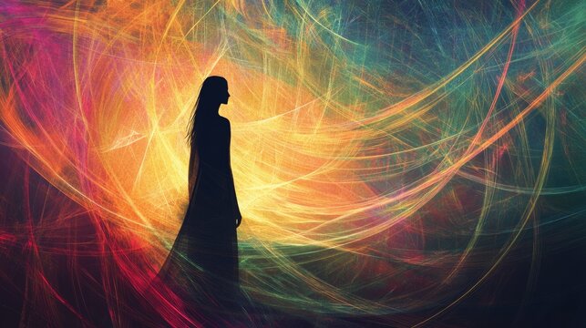 Illustration of intersecting colorful lines with a partially blurred figure Fractal visualization of spatial shapes and lines representing the perpetual flow of time and space with mysterious obje