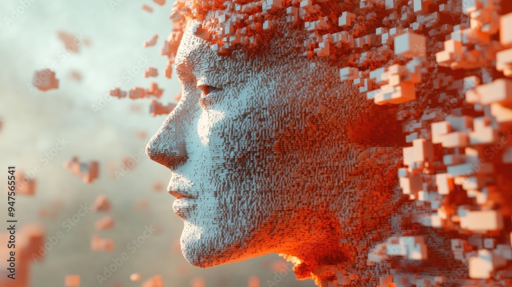 Poster voxel head profile illustration representing complexity and development in a 3d render design