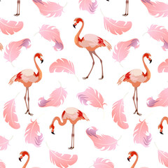Flamingos and feathers in a pattern.Vector pattern with flamingos and pink feathers on a transparent background.
