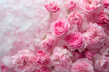 Pink background of frozen roses in ice, concept of cryotherapy for skin care. Elegant pink flowers in ice. Delicate petals texture. Frosty beautiful natural winter or spring background


