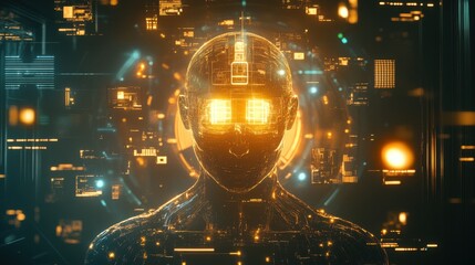 Science fiction illustration, high-tech, neon lights, bright, conveying the workings of a human being, of a complex brain.