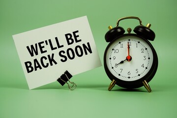 We'll Be Back Soon text message on paper card with alarm clcok on green background
