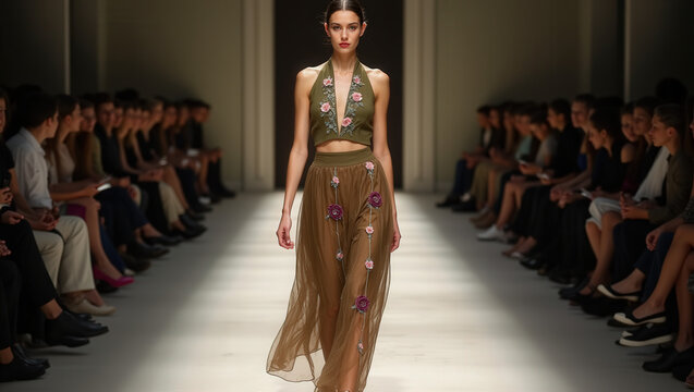 Stunning Fashion Week Runway Shots: Models in Chic Olive and Brown Silk Outfits with Floral Embroidery - High-Resolution Images for Editorial Use