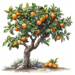 Watercolor illustration of a small orange tree with ripe fruit in a childlike style. Colorful leaves, orange fruit, thick trunk and rounded branches
