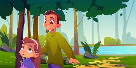 Children near beautiful forest lake landscape. Unhappy boy and girl alone in nature environment with water. Character with upset and worried expression in outdoor summer game scenery design.