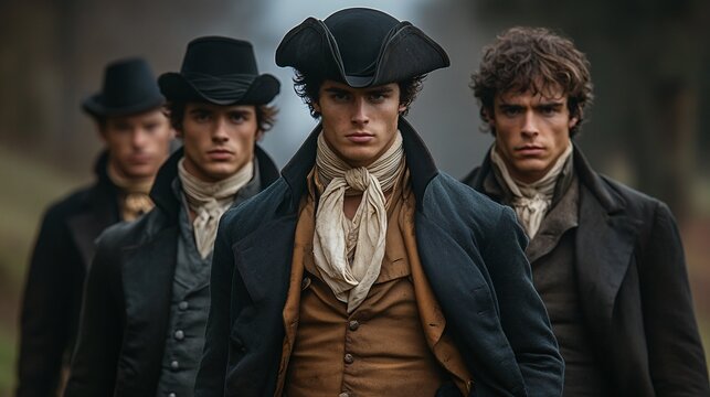 Group of men in Regency attire with intense expressions