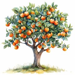A charming illustration of a vibrantly colored orange tree laden with ripe fruit