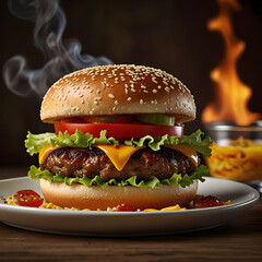 A sizzling hamburger stacked high with fire blazing in the background.